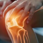 Middle-aged woman experiencing knee pain while climbing stairs due to joint problems