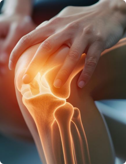 Middle-aged woman experiencing knee pain while climbing stairs due to joint problems