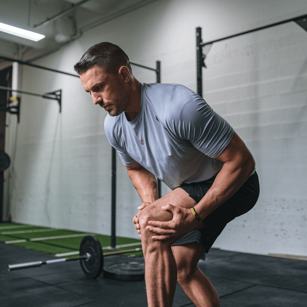 Young athlete holding an injured knee after a gym workout or sports activity.
