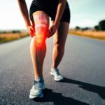 Woman taking painkiller medication while suffering from chronic knee pain and arthritis symptoms.