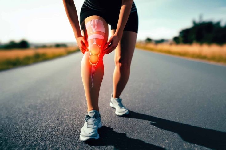 Woman taking painkiller medication while suffering from chronic knee pain and arthritis symptoms.