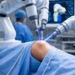 Orthopedic surgeon performing robotic-assisted knee replacement using advanced robotic technology.