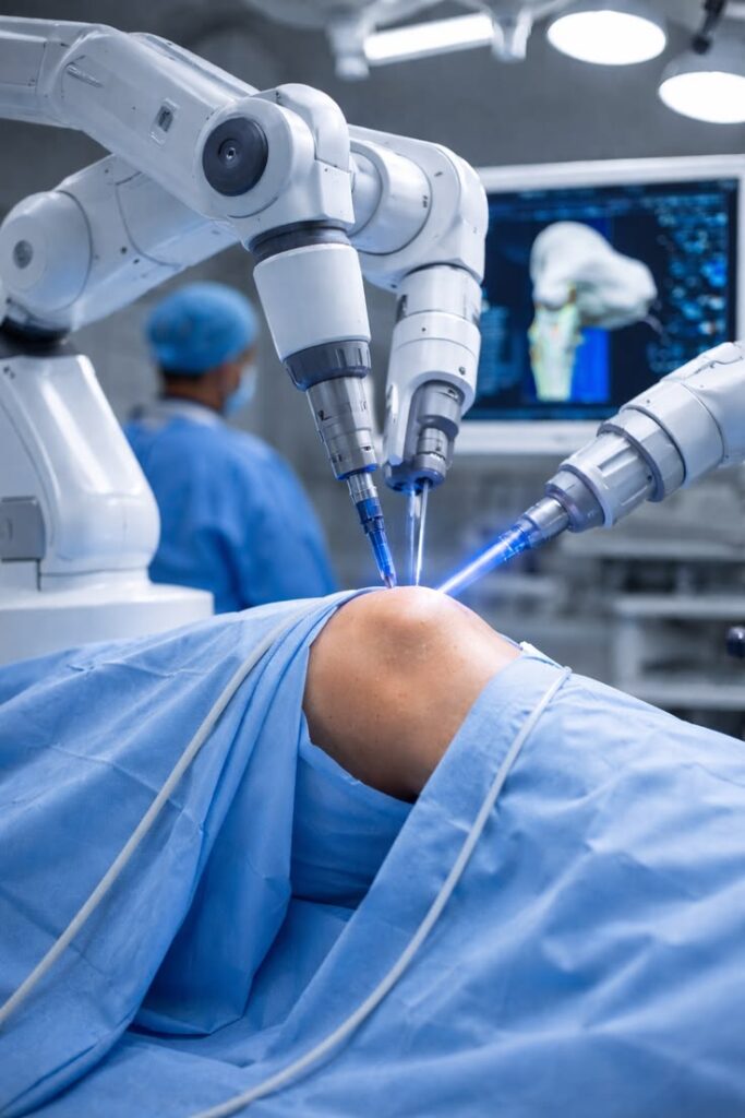 Orthopedic surgeon performing robotic-assisted knee replacement using advanced robotic technology.
